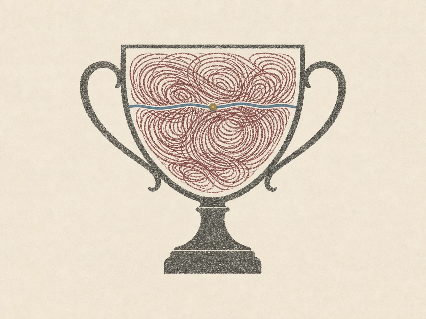 A trophy holds a turbulent storm beneath a blue line searching for level.