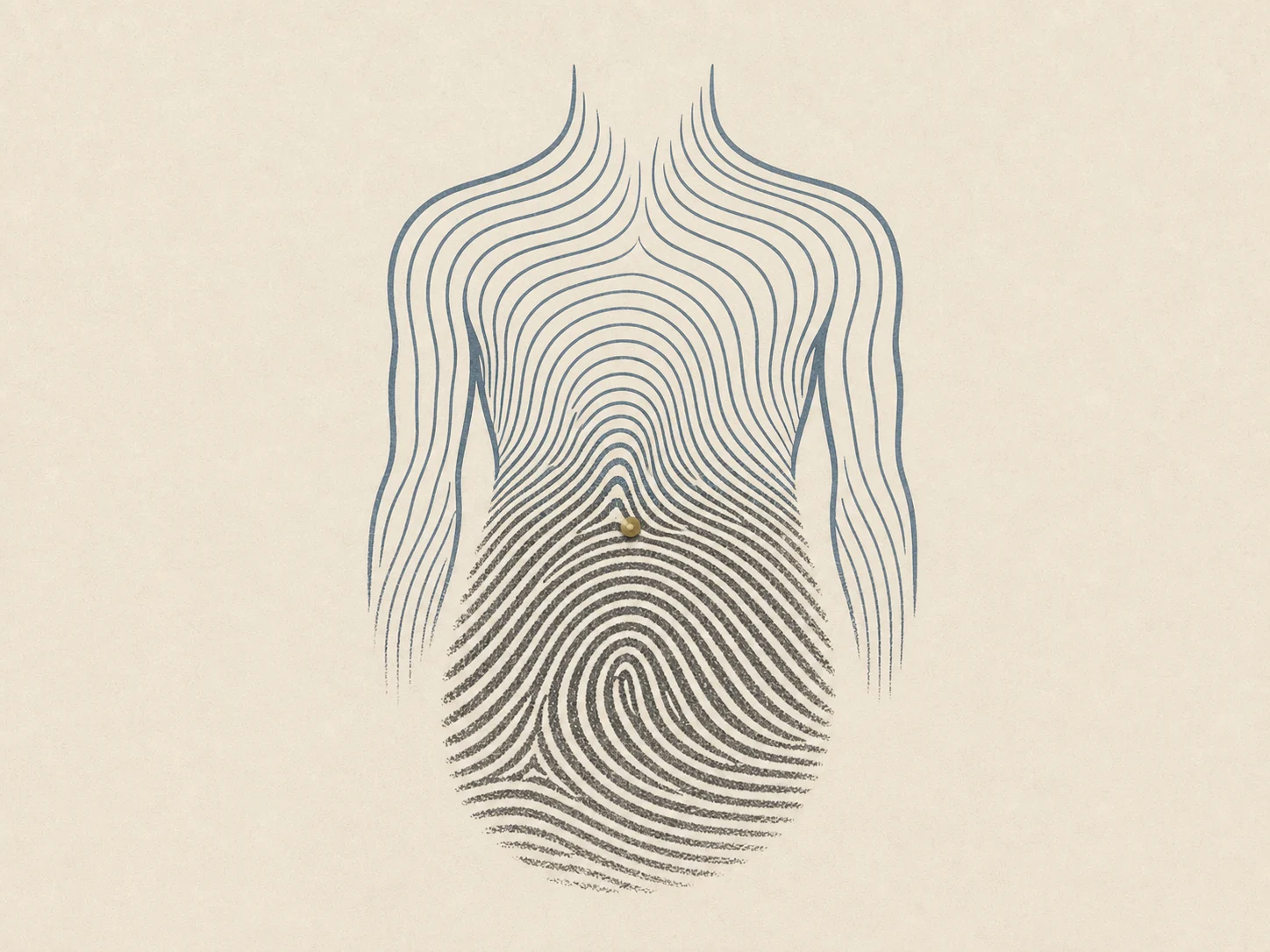 Fingerprint ridges rise into the outline of an upright human torso.