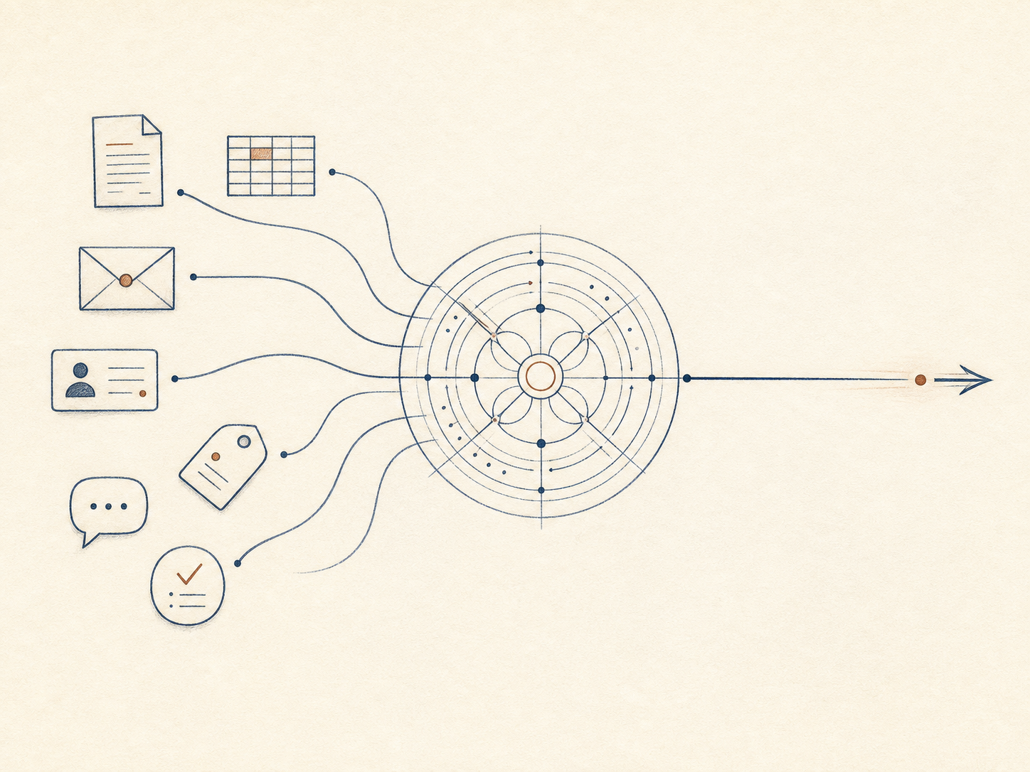Business documents, customer data and tasks flowing into a central organising system and out as one clear stream.