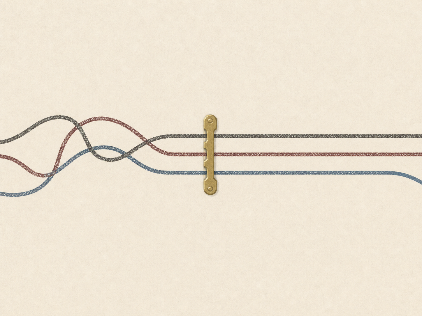 Three tangled ink lines pass through a brass guide and emerge as distinct paths.