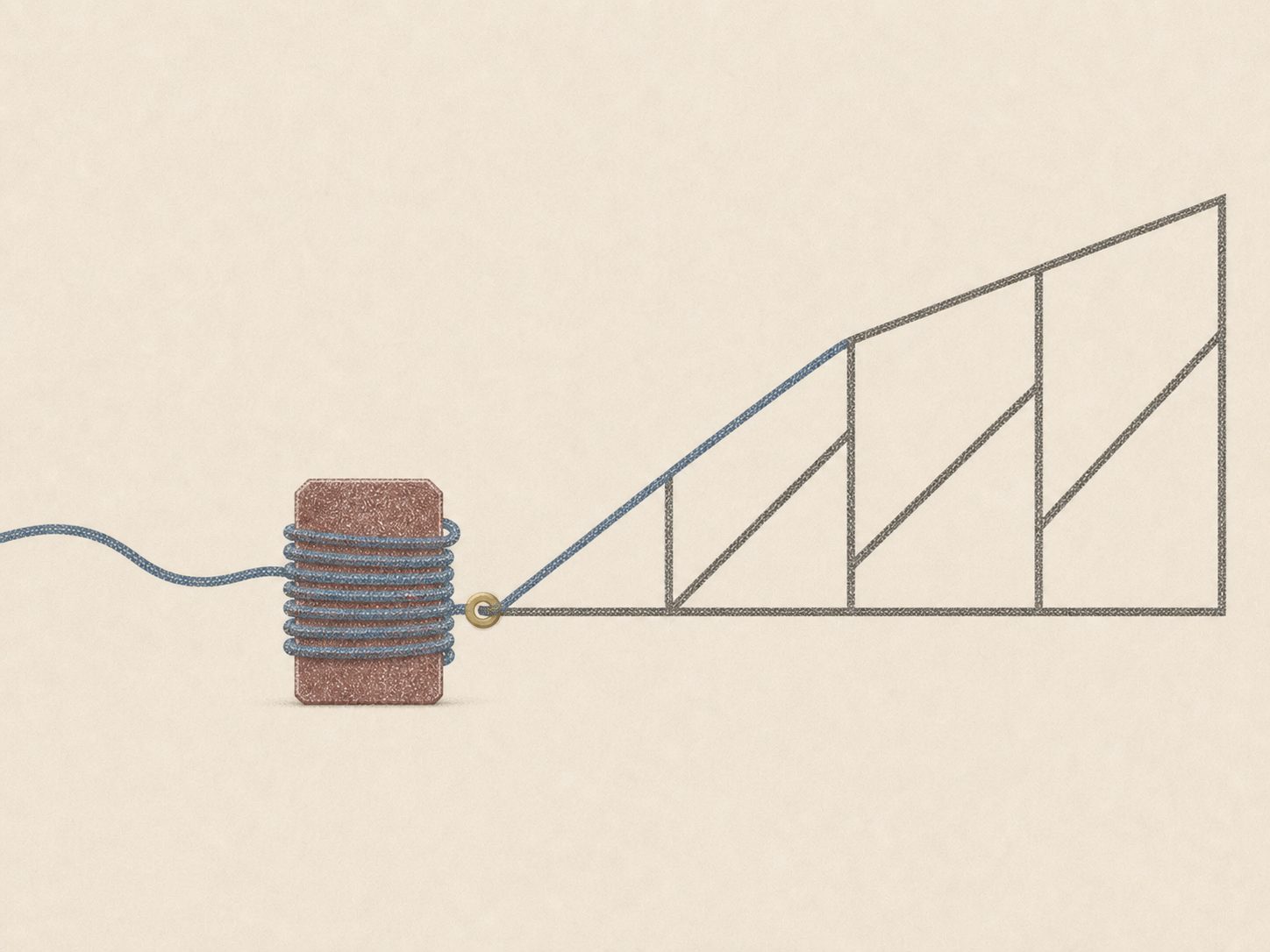 A blue cord leaves a constricting loop and becomes part of a larger supporting structure.