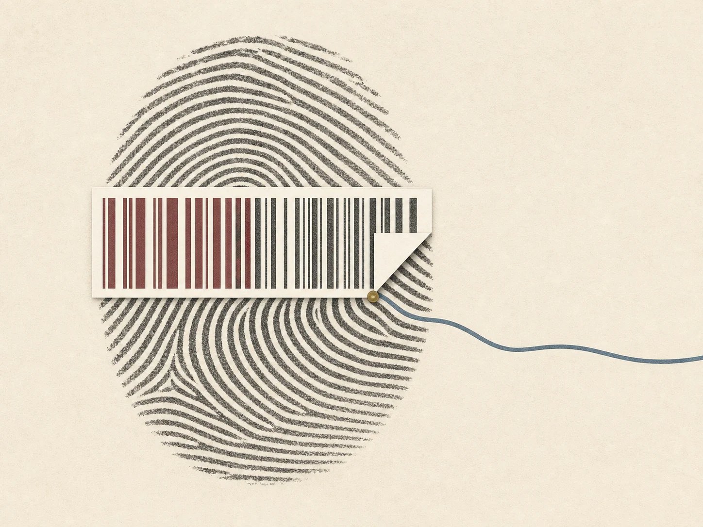 A barcode label peeling from a fingerprint, revealing a blue line continuing freely.