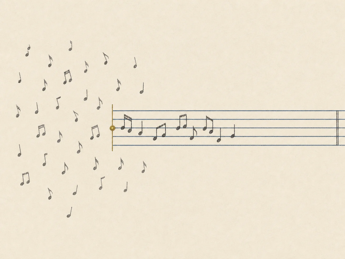 Scattered musical notes become a coherent phrase when they enter a five-line staff.