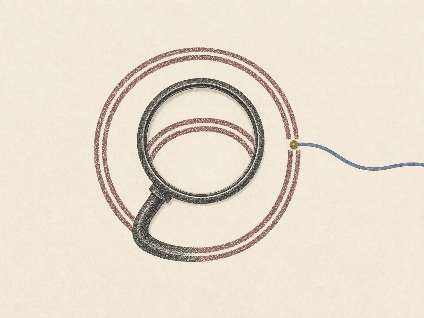A magnifying glass bends into the circular pattern it is examining as a blue path exits.