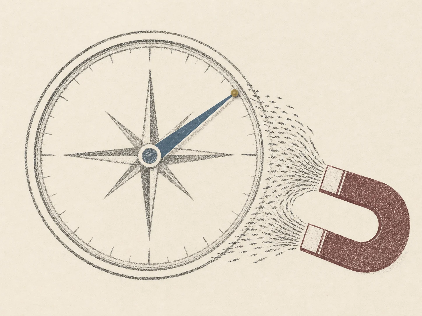 A compass needle holds its direction while a nearby magnet pulls loose particles aside.