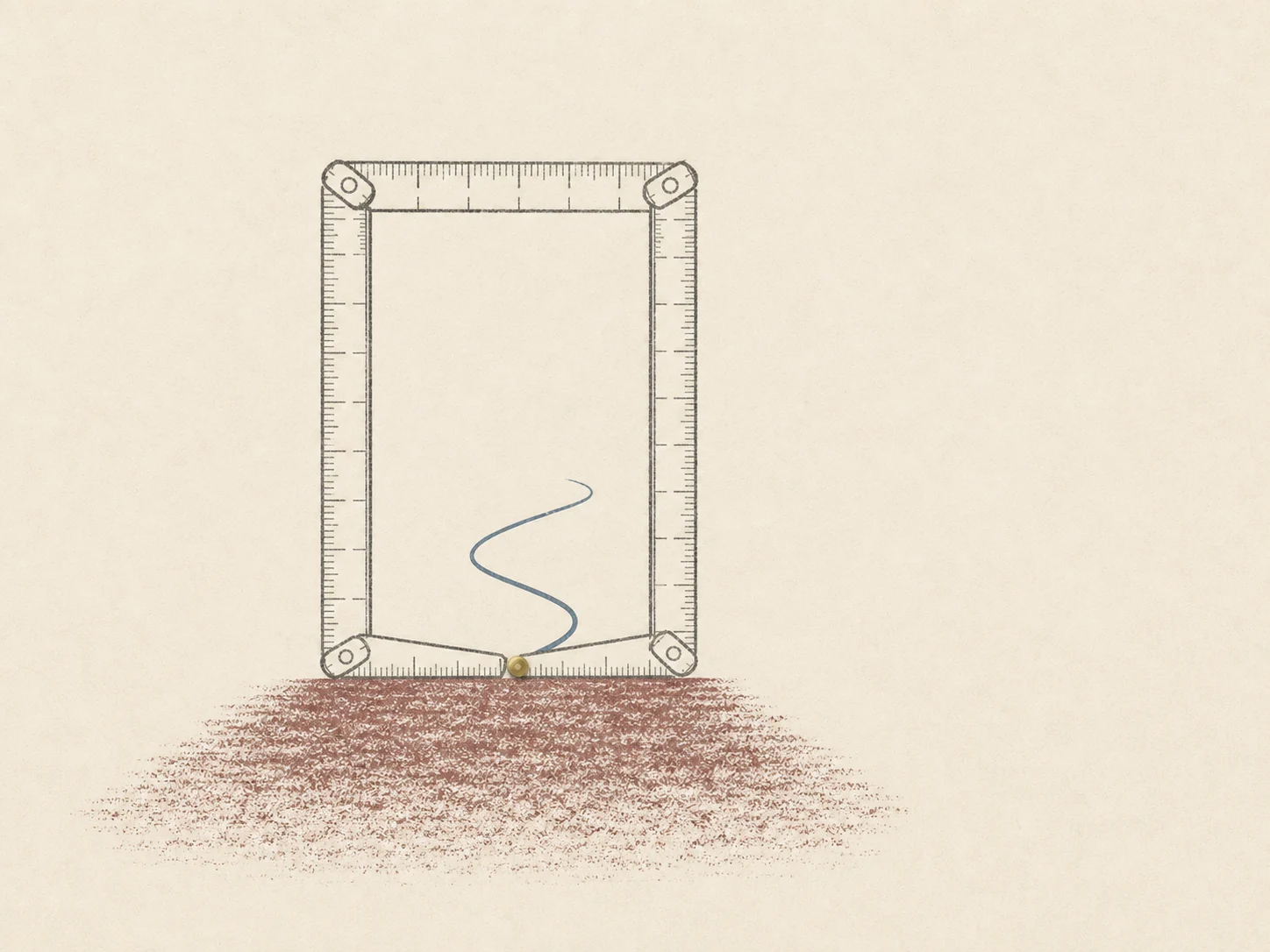 A folding ruler forms a doorway while a blue path continues beyond its threshold.
