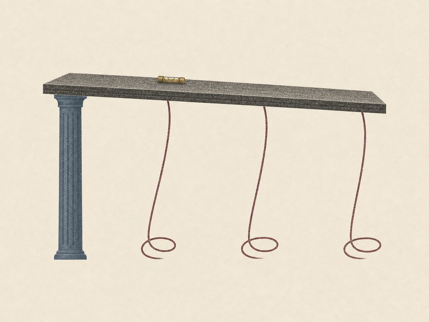 One strong blue table leg reaches the ground while three supports curl into loops.
