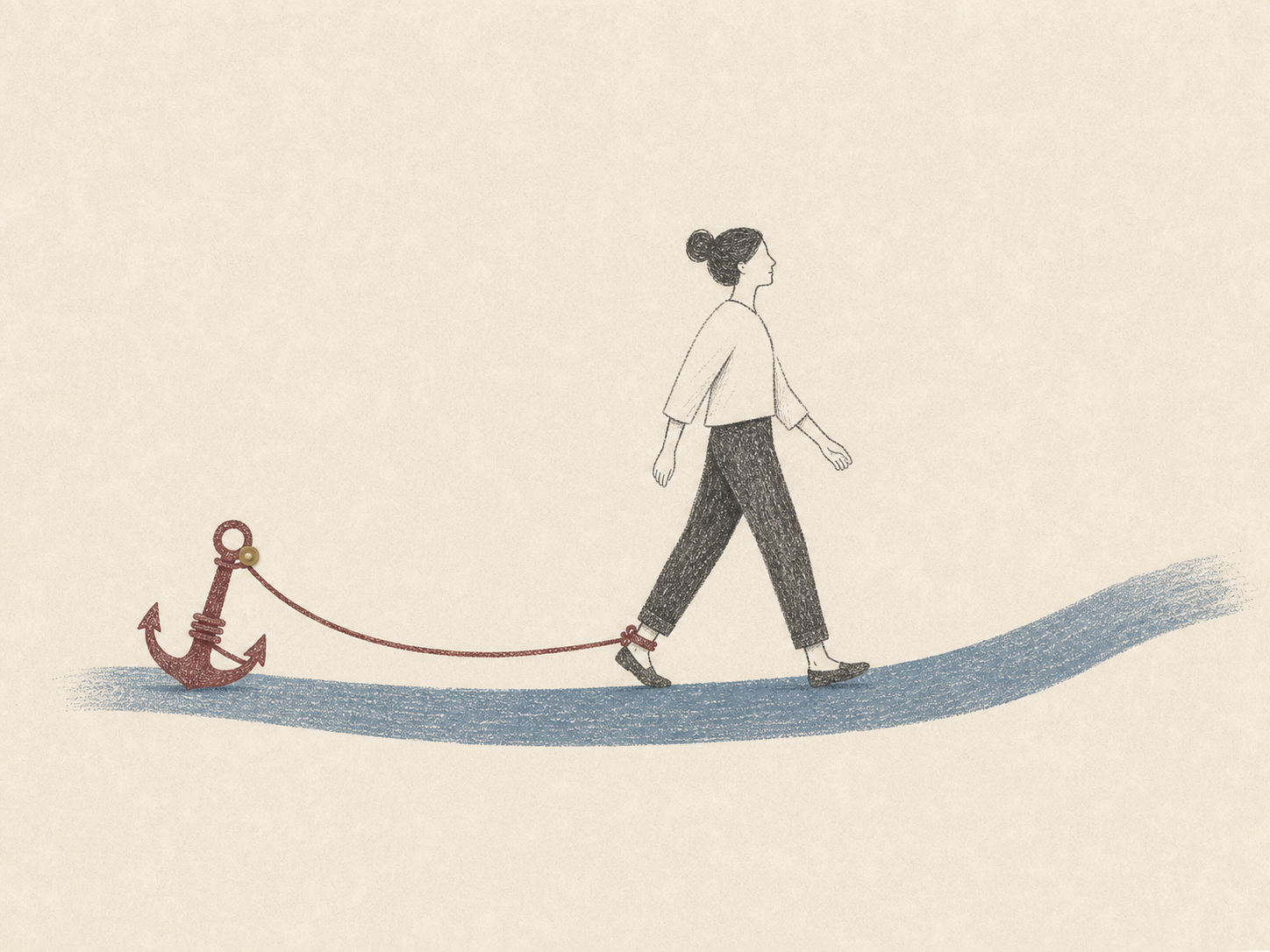 A woman walking forward while an anchor tied to her ankle pulls behind her.